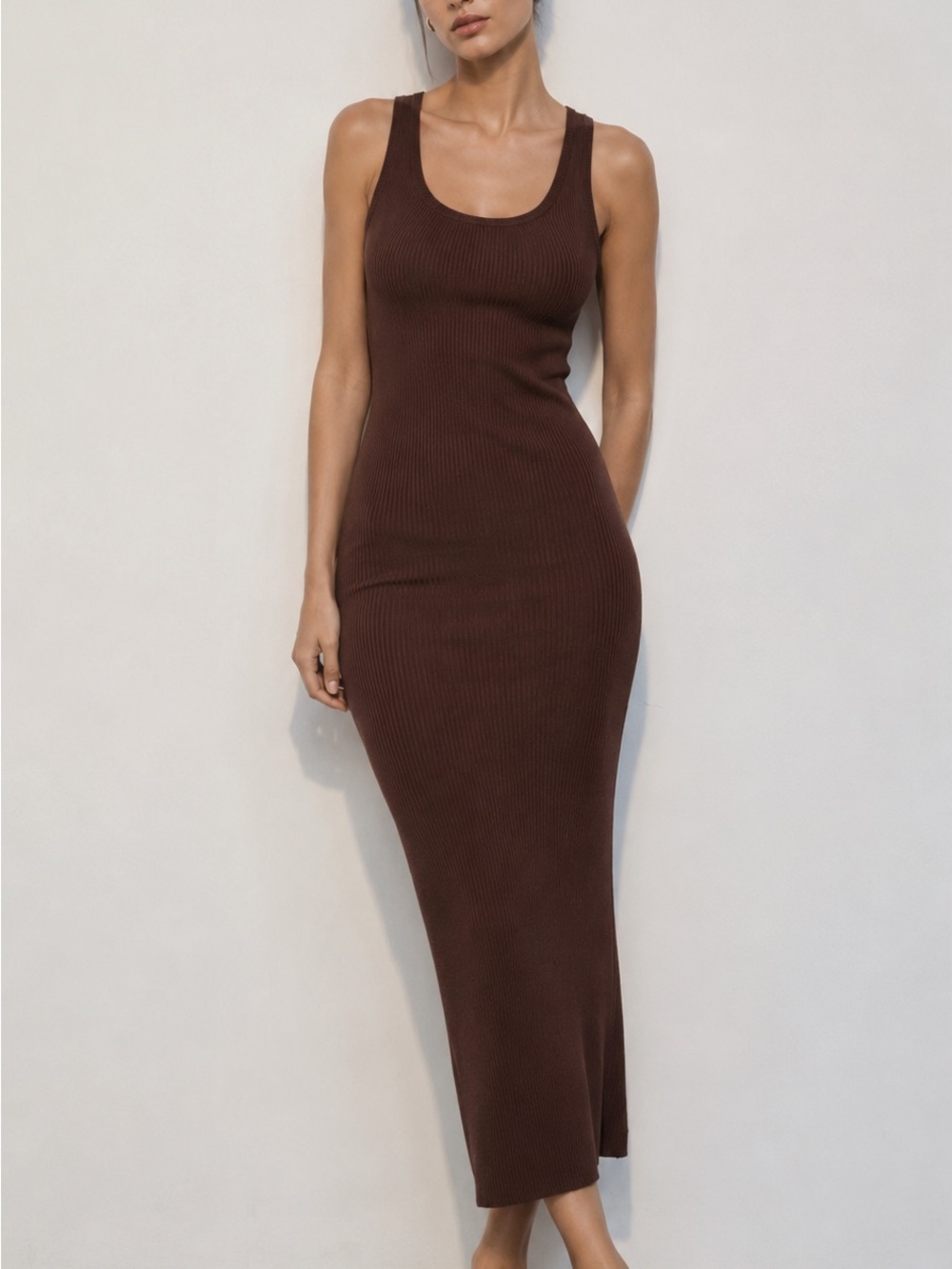 Better Be Ribbed Bodycon Midi Dress Brown Size S